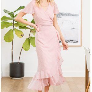 Lulus:  Wrapped Up In Your Love Blush Dotted Ruffled Wrap Midi Dress